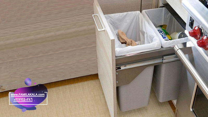 سطل زباله‌های ریلی با امکان اتصال به درب کابینت همراه با بازکردن در از داخل کابینت خارج می‌شوند